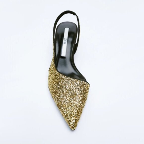 NWT Zara gold glitter slingback kitten heel pointed toe shoes, US7.5 / EU38 - Picture 4 of 11